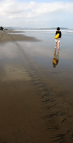 Foto dama caminando en playa